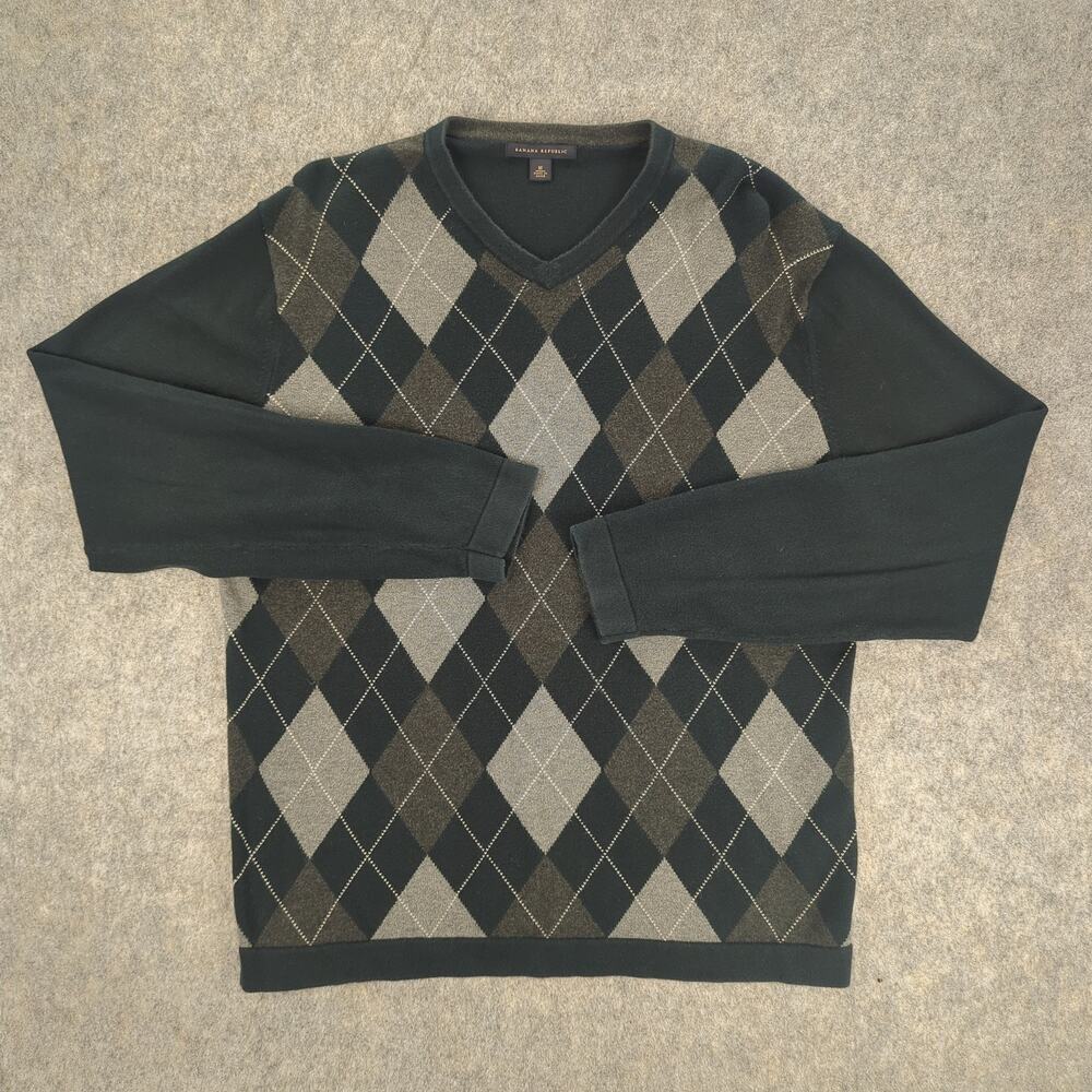 Banana Republic Sweater Mens Medium Black Gray Argyle Diamond Pullover V Neck